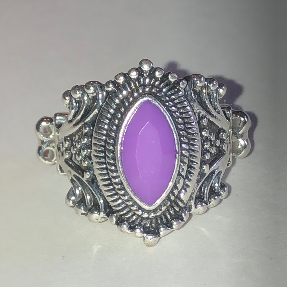 Silver Tone Filigree Ring with Purple Stone